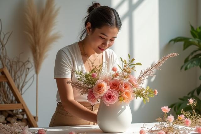 Diseñador floral arreglando flores en un estudio luminoso.